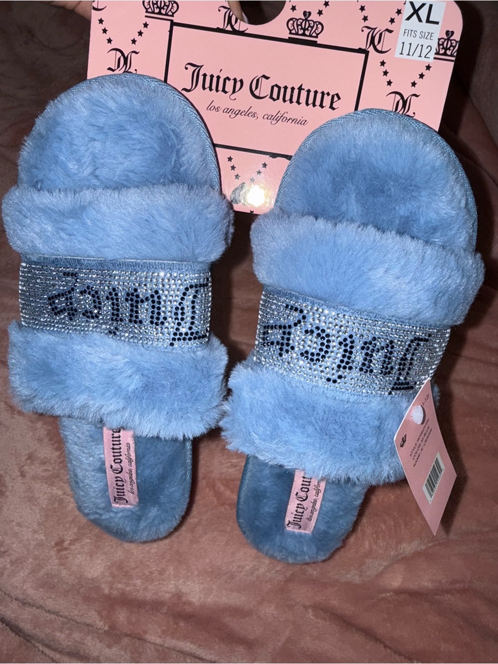 Juicy Couture Blue Fuzzy Crystal Slide Slippers